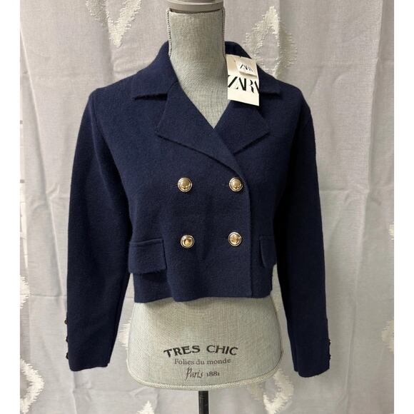 Zara Cropped Double Breasted Navy Wool Blend Blazer Jacket Utility Medium NWT - Picture 1 of 10